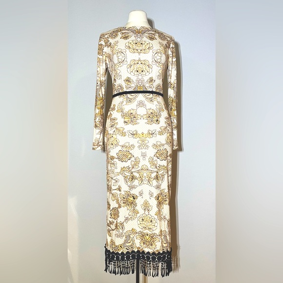 TIFFANYSLABEL IVORY/GOLD/BLACK VINTAGE STYLE DRESS WITH BLACK EMBROIDERED TRIM - Picture 6 of 9